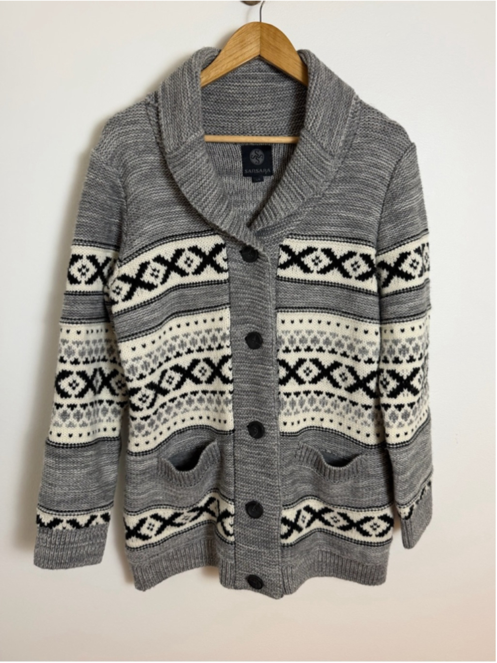 Sansara Wool Blend Fair Isle Shawl Collar Cardigan L